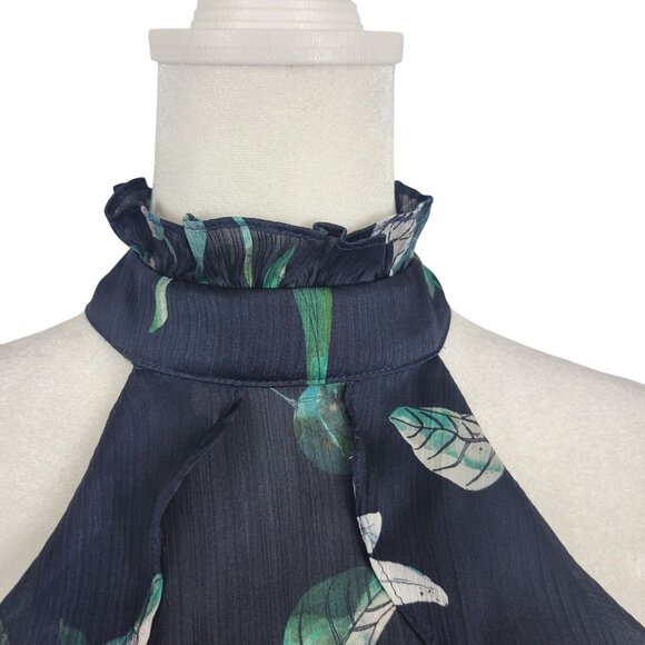 Modern Chic Floral Cheer Navy Blue Ruffled Business Casual Blouse Halter Top XS - Picture 7 of 16